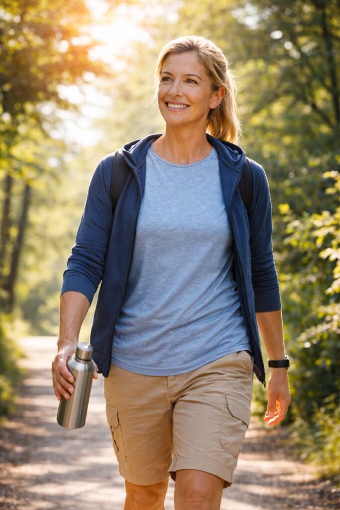 Woman walking on a forest path while using diet supplement.