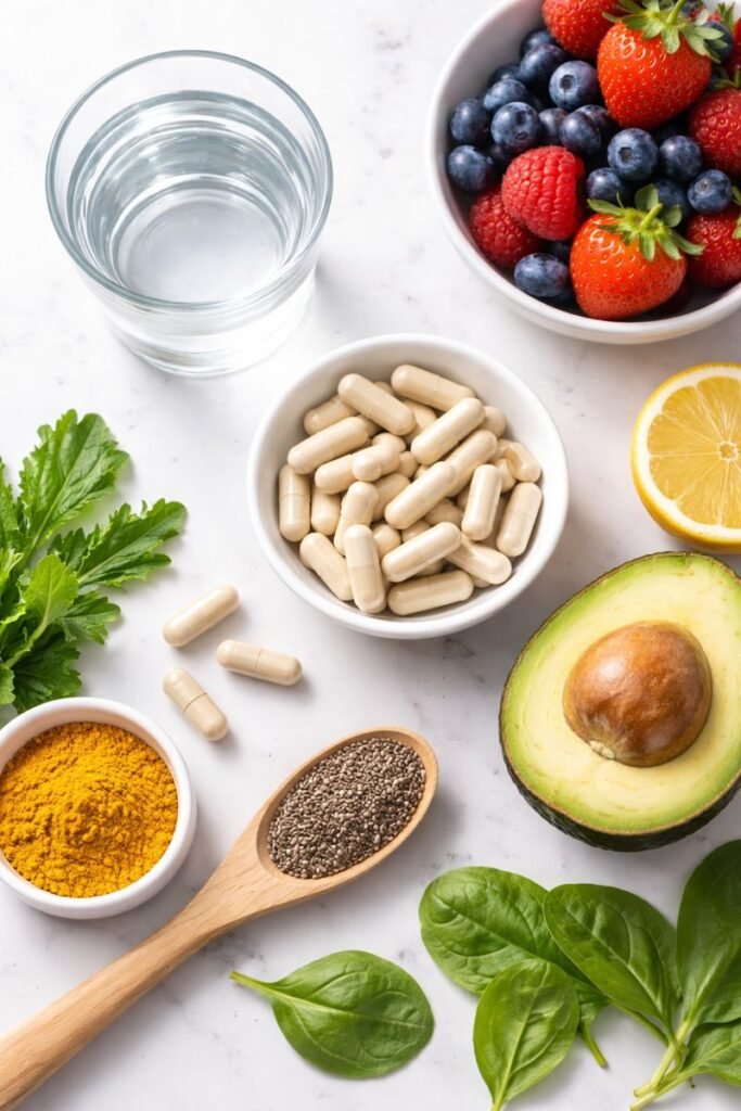 Flat-lay of health deit supplements capsules, fresh berries, avocado, chia seeds, turmeric, spinach, lemon slice, and a glass of water on a white marble surface