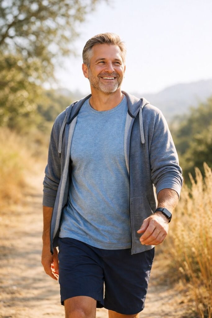 Middle-aged man walking outdoors for exercise on a sunny day, promoting a healthy active lifestyle, complimenting his diet supplement