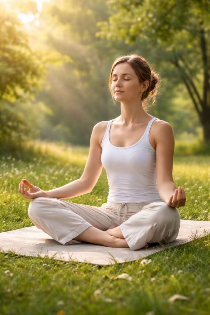 Young woman meditating outdoors on a mat in a peaceful green park with sunlight filtering through trees