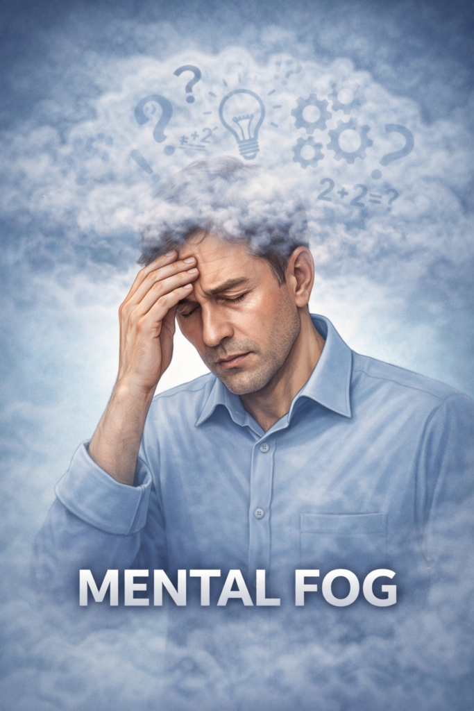 Illustration of a man holding his forehead with a tired expression, surrounded by cloudy fog and faint symbols above his head, representing mental fog and difficulty concentrating.