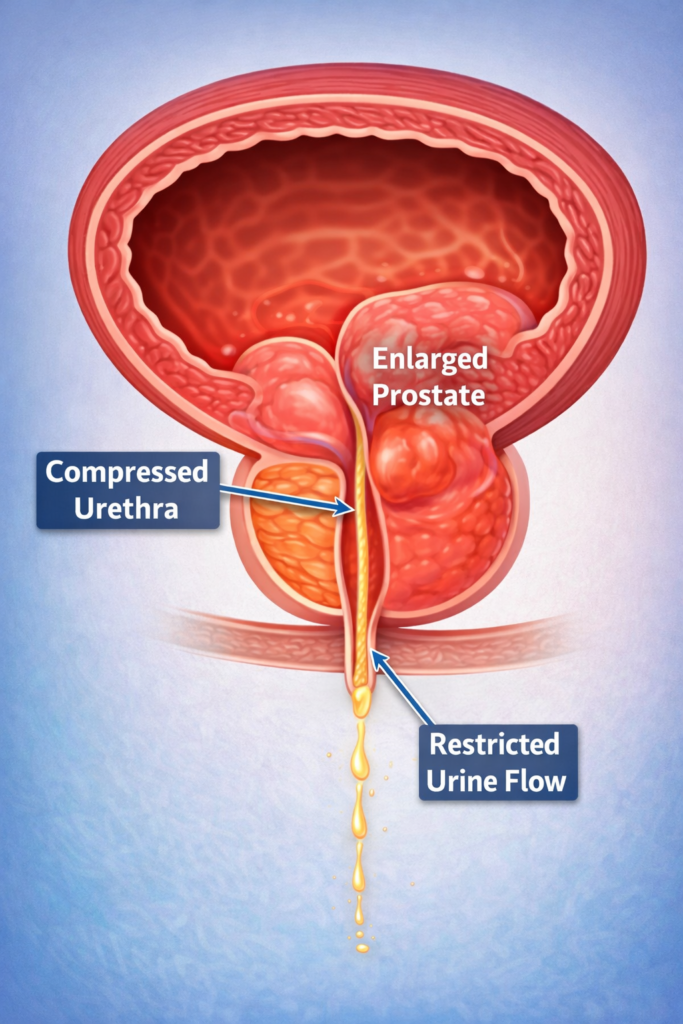 Cross-sectional medical illustration of an enlarged prostate pressing against the urethra, narrowing the passage and restricting urine flow, with labels indicating the compressed urethra and reduced stream.