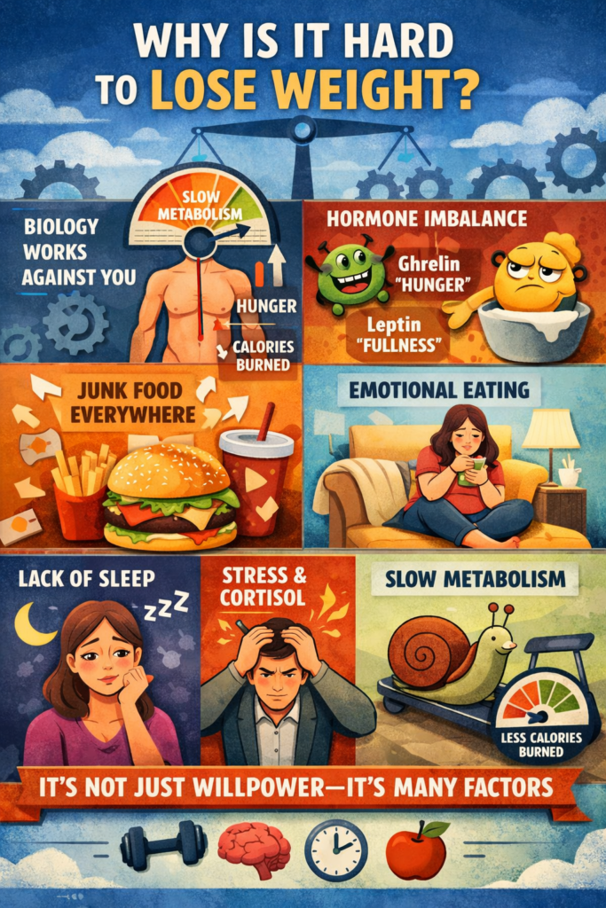 Infographic titled “Why Is It so Hard to Lose Weight?” showing factors like slow metabolism, hormone imbalance, junk food, emotional eating, lack of sleep, and stress, with the message that it’s not just willpower.