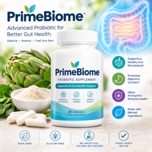 PrimeBiome gut health supplement bottle for digestive and microbiome support