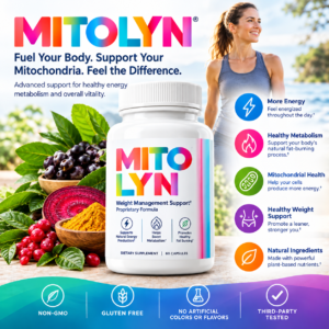 Mitolyn weight management supplement bottle with natural ingredients, an active woman outdoors, and icons highlighting energy, metabolism, mitochondrial health, healthy weight support, and plant-based nutrients.