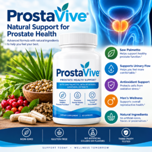 ProstaVive prostate health supplement bottle with natural ingredients and wellness imagery, highlighting support for prostate health, urinary function, and men’s overall vitality.